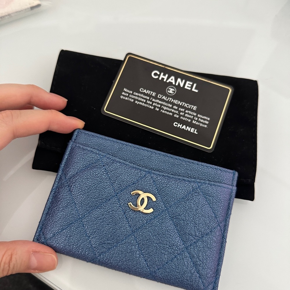 SOLD - Chanel Classic Flat Card Holder in Iridescent Navy Caviar Leather
